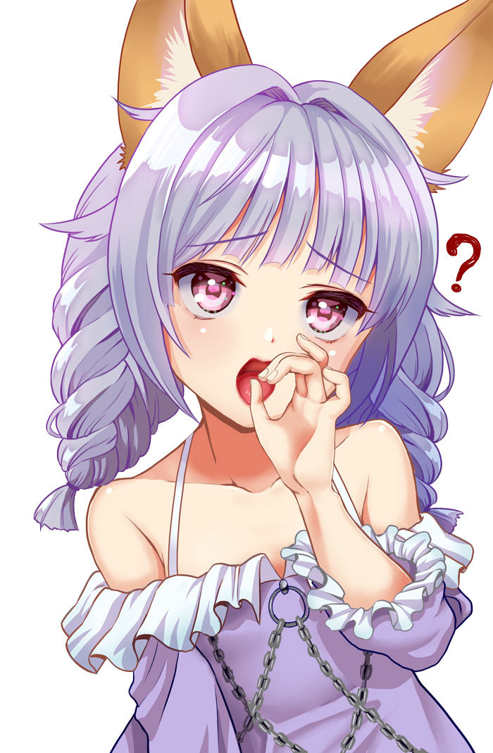 1girl ? animal_ears arm_up bare_shoulders braid chains collarbone dog_ears dress elin_(tera) fellatio_gesture kumehara_chiyota long_hair md5_mismatch o-ring open_mouth purple_dress purple_eyes purple_hair simple_background solo tera_online twin_braids twintails upper_body white_background
