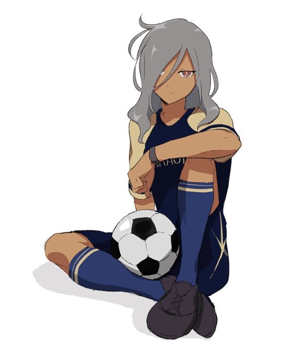 1boy bent_knees closed_mouth dark_skin grey_hair hair_over_one_eye haizaki_ryouhei inazuma_eleven_(series) inazuma_eleven_ares_no_tenbin long_hair looking_at_viewer male_focus multicolored_eyes simple_background sitting soccer_ball soccer_uniform socks solo white_background wristband