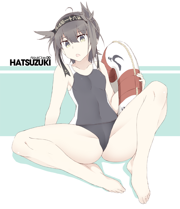 ahoge anchor_symbol arm_support bangs bare_arms bare_legs bare_shoulders barefoot black_hairband breasts bright_pupils cameltoe character_name clothes_writing collarbone competition_swimsuit covered_navel eyebrows eyebrows_visible_through_hair eyes_visible_through_hair full_body green_eyes grey_hair hair_between_eyes hairband hatsuzuki_(kantai_collection) holding kantai_collection legs_apart lifebuoy looking_away multicolored multicolored_background one-piece_swimsuit open_mouth short_hair silhouette small_breasts solo souji spread_legs swimsuit text_focus two-tone_background white_pupils