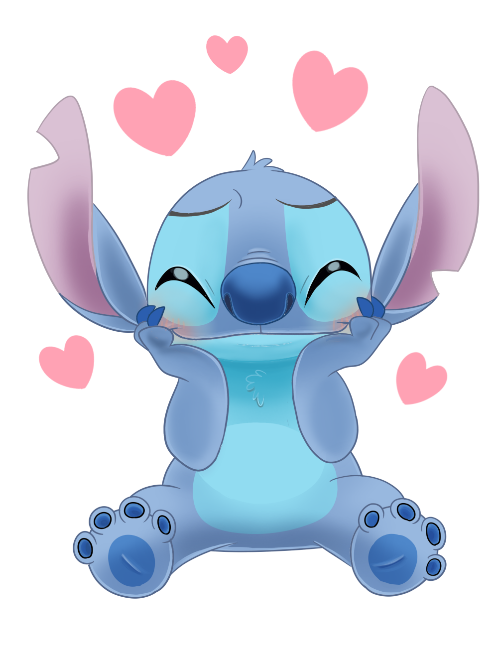 &lt;3 2017 4_toes alien black_eyes blue_claws blue_fur blue_nose blue_pawpads blush chest_tuft claws cute disney experiment_(species) front_view fur hands_on_face head_tuft lilo_and_stitch looking_at_viewer lovestruck nonta_(pixiv_3813893) notched_ear pawpads raised_inner_eyebrows simple_background sitting smile squint stitch toes tuft white_background