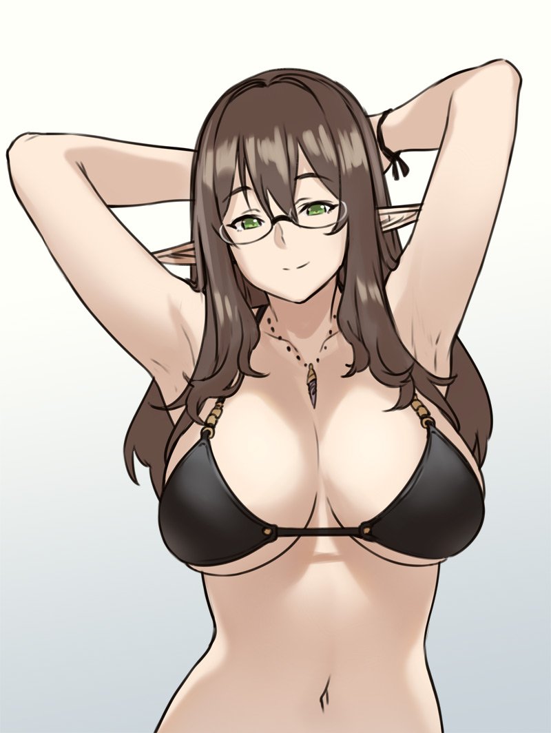 armpits arms_behind_head arms_up bangs bikini_top breasts breasts_apart brown_hair brown_haired_glasses_elf_(houtengeki) collarbone commentary_request elf eyebrows_visible_through_hair glasses gradient gradient_background green_eyes houtengeki jewelry large_breasts long_hair looking_at_viewer navel necklace original pointy_ears simple_background smile solo upper_body