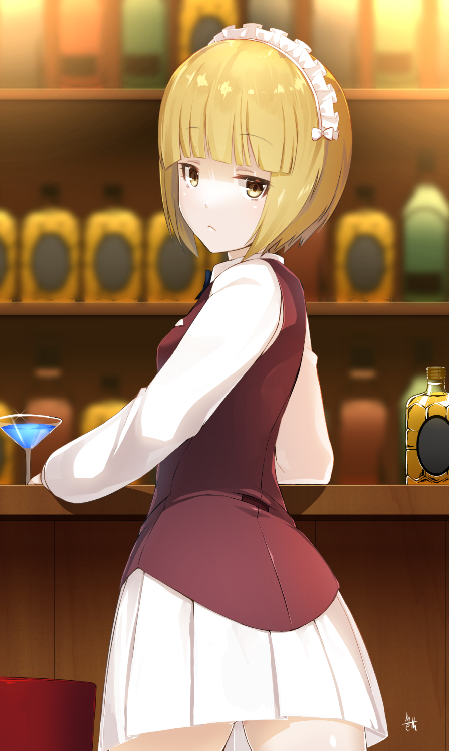 bangs bar_stool blonde_hair blunt_bangs brown_eyes cocktail_glass commentary_request counter cup cutlass_(girls_und_panzer) drinking_glass expressionless eyebrows_visible_through_hair from_behind girls_und_panzer highres light_brown_eyes liquor long_sleeves looking_at_viewer looking_back maid_headdress meth_(emethmeth) shiny shiny_skin shirt skirt solo standing stool vest white_shirt yellow_eyes
