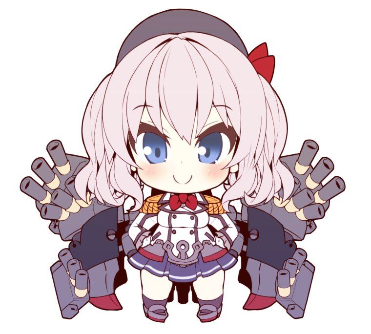 anchor ascot beret black_hat blue_eyes cannon chibi epaulettes frilled_sleeves frills grey_skirt hands_on_hips hat kantai_collection kashima_(kantai_collection) looking_at_viewer machinery military military_uniform miniskirt no_nose pleated_skirt red_neckwear rikumaru sidelocks silver_hair simple_background skirt smile solo tsurime twintails uniform wavy_hair white_background