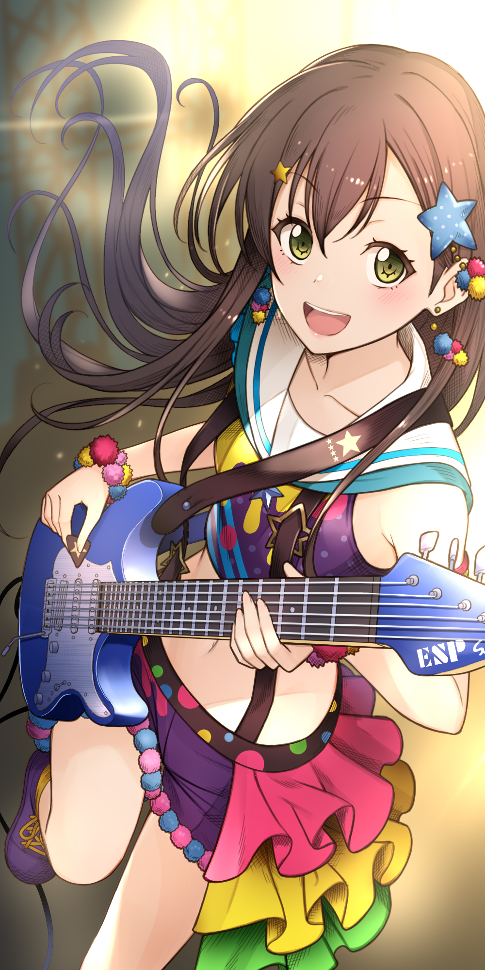 :d bad_id bad_pixiv_id bang_dream! bangs brown_hair cable crop_top electric_guitar green_eyes guitar hair_ornament hanazono_tae highres holding holding_instrument instrument keita_(kta0) long_hair looking_at_viewer midriff music navel open_mouth playing_instrument plectrum pom_pom_earrings purple_footwear sailor_collar shoes skirt smile sneakers solo star star_hair_ornament suspender_skirt suspenders wristband