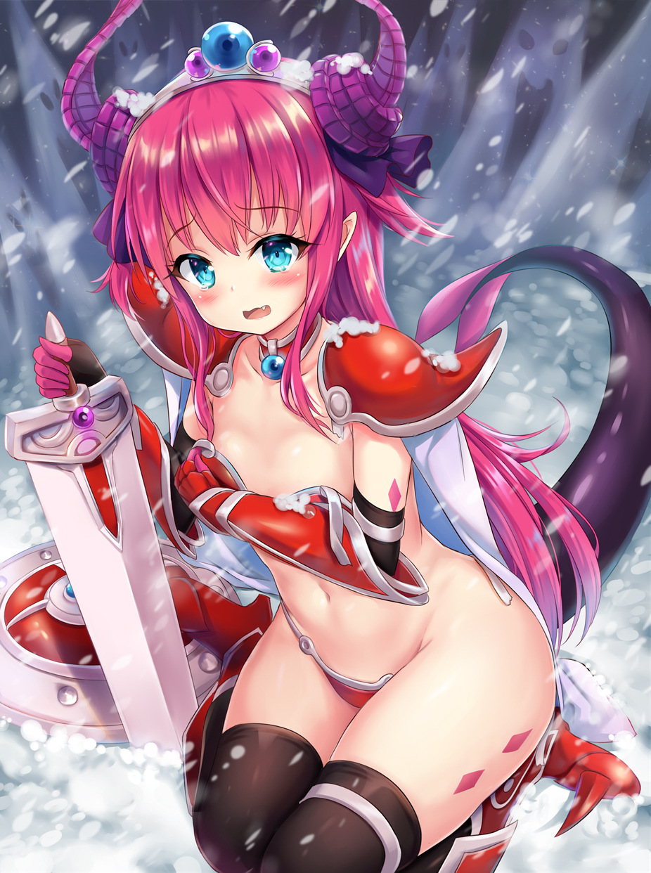 armor armored_boots bangs bikini bikini_armor black_gloves black_legwear blue_eyes blush body_markings boots broken_armor cape cold collarbone commentary_request covering covering_breasts curled_horns dragon_girl dragon_horns dragon_tail elbow_gloves elizabeth_bathory_(brave)_(fate) elizabeth_bathory_(fate)_(all) eyebrows_visible_through_hair fang fate/grand_order fate_(series) fingerless_gloves flat_chest ghost gloves groin hair_ribbon hand_up highres holding holding_sword holding_weapon horns jewelry long_hair looking_at_viewer navel open_mouth pendant pink_hair planted_sword planted_weapon pointy_ears purple_ribbon red_armor red_bikini red_collar red_footwear ribbon shield shimokirin shiny shiny_hair shiny_skin shoulder_armor sidelocks silver_trim sitting snow snowing solo spikes stomach swimsuit sword tail tears thighhighs tiara two_side_up vambraces very_long_hair wardrobe_malfunction wariza wavy_mouth weapon white_cape wide_hips