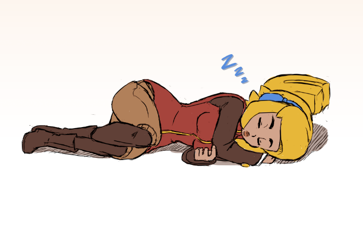 blonde_hair boots closed_eyes commentary culottes flat_color full_body half_updo headphones jacket joakim_sandberg lying on_side pantyhose robin_(the_iconoclasts) sketch sleeping solo the_iconoclasts thick_eyebrows zzz