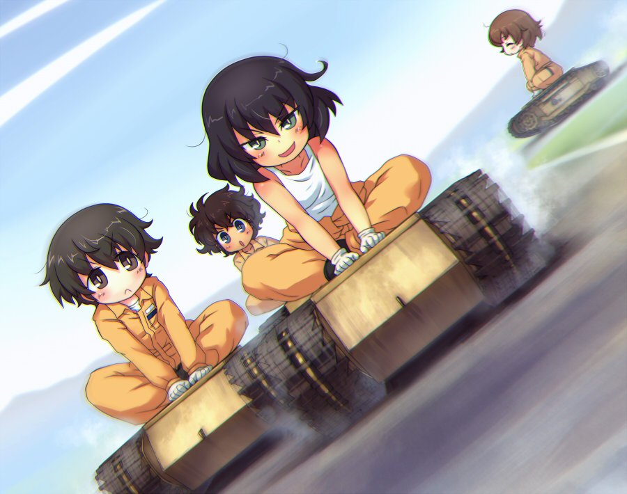 :&lt; :o arm_support black_footwear black_hair blue_eyes blurry blurry_background brown_eyes brown_hair chromatic_aberration clothes_around_waist commentary_request dark_skin day dust_cloud dutch_angle explosive eyebrows_visible_through_hair frown girls_und_panzer gloves goliath_tracked_mine green_eyes hoshino_(girls_und_panzer) indian_style jumpsuit long_sleeves looking_at_another looking_at_viewer mechanic messy_hair mine_(weapon) multiple_girls nakajima_(girls_und_panzer) open_mouth orange_jumpsuit outdoors riding road sankuma shirt shoes short_hair sitting sky smile standing suzuki_(girls_und_panzer) tank_top tied_shirt tsuchiya_(girls_und_panzer) v-shaped_eyebrows v_arms white_gloves white_shirt