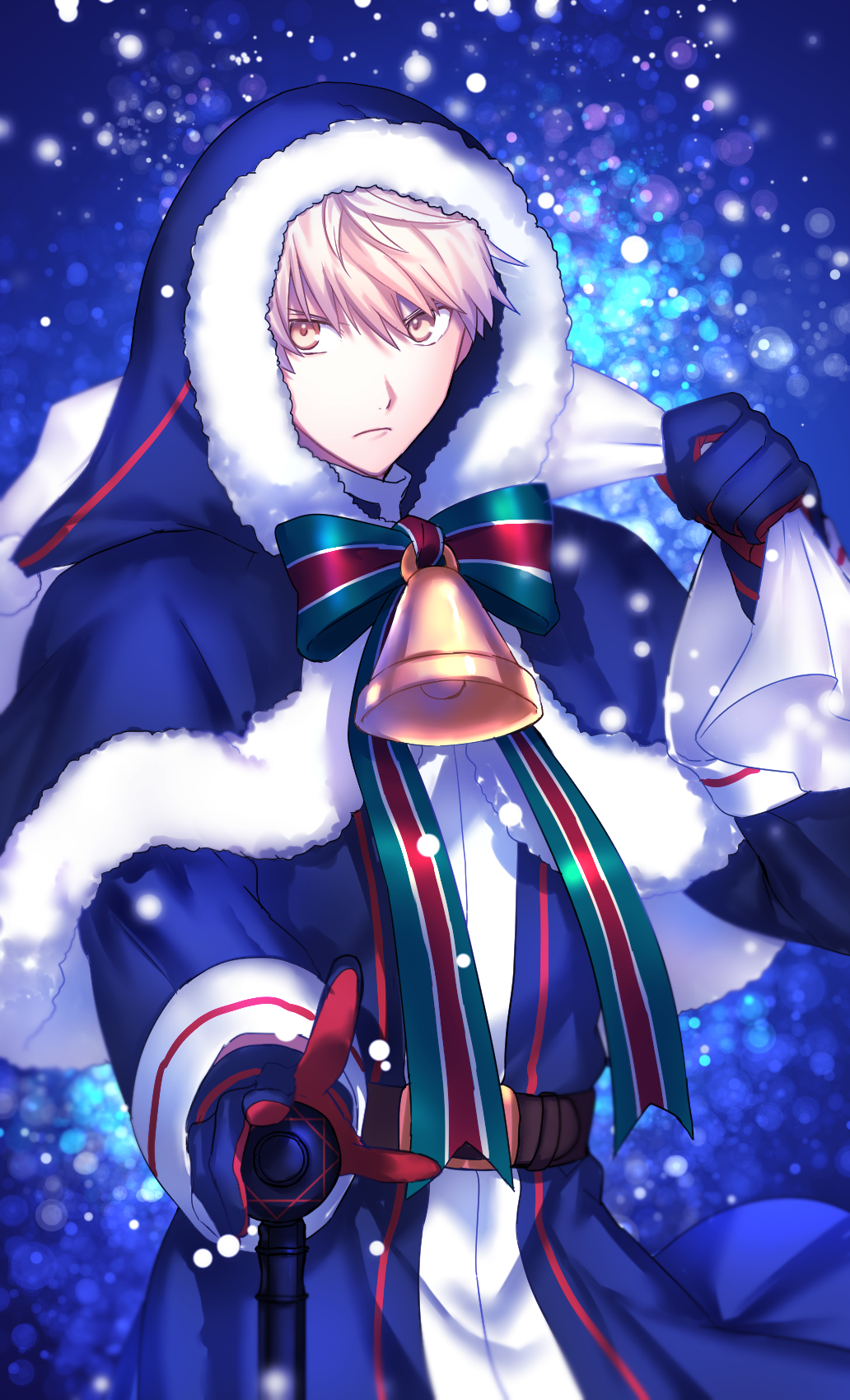 &gt;:( arthur_pendragon_(fate) artoria_pendragon_(all) backlighting bad_id bad_pixiv_id bangs bell belt belt_buckle blonde_hair blue_coat blue_gloves blurry blurry_background bobblehat bokeh bow bowtie buckle capelet closed_mouth dark_persona depth_of_field fate/grand_order fate/prototype fate_(series) fur-trimmed_capelet fur_trim gloves hair_between_eyes highres holding hood hood_up long_sleeves looking_at_viewer male_focus over_shoulder sack santa_alter serious seseragi_azuma striped striped_bow striped_neckwear upper_body v-shaped_eyebrows yellow_eyes