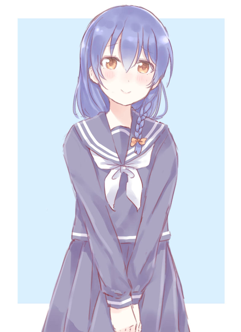 bangs blue_hair blush braid commentary_request hair_between_eyes long_hair long_sleeves looking_at_viewer love_live! love_live!_school_idol_project neckerchief pleated_skirt sailor_collar school_uniform serafuku shijimi_kozou simple_background skirt solo sonoda_umi white_neckwear yellow_eyes