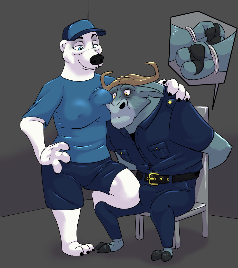 2018 akiric anthro barefoot bear belt bound bovine buffalo bulge cape_buffalo chair chief_bogo clothed clothing disney duo female hand_on_hip handcuffs hands_tied hat horn major_friedkin_(zootopia) male male/female mammal nipple_bulge notched_ear polar_bear police_uniform shackles sitting smile uniform zootopia