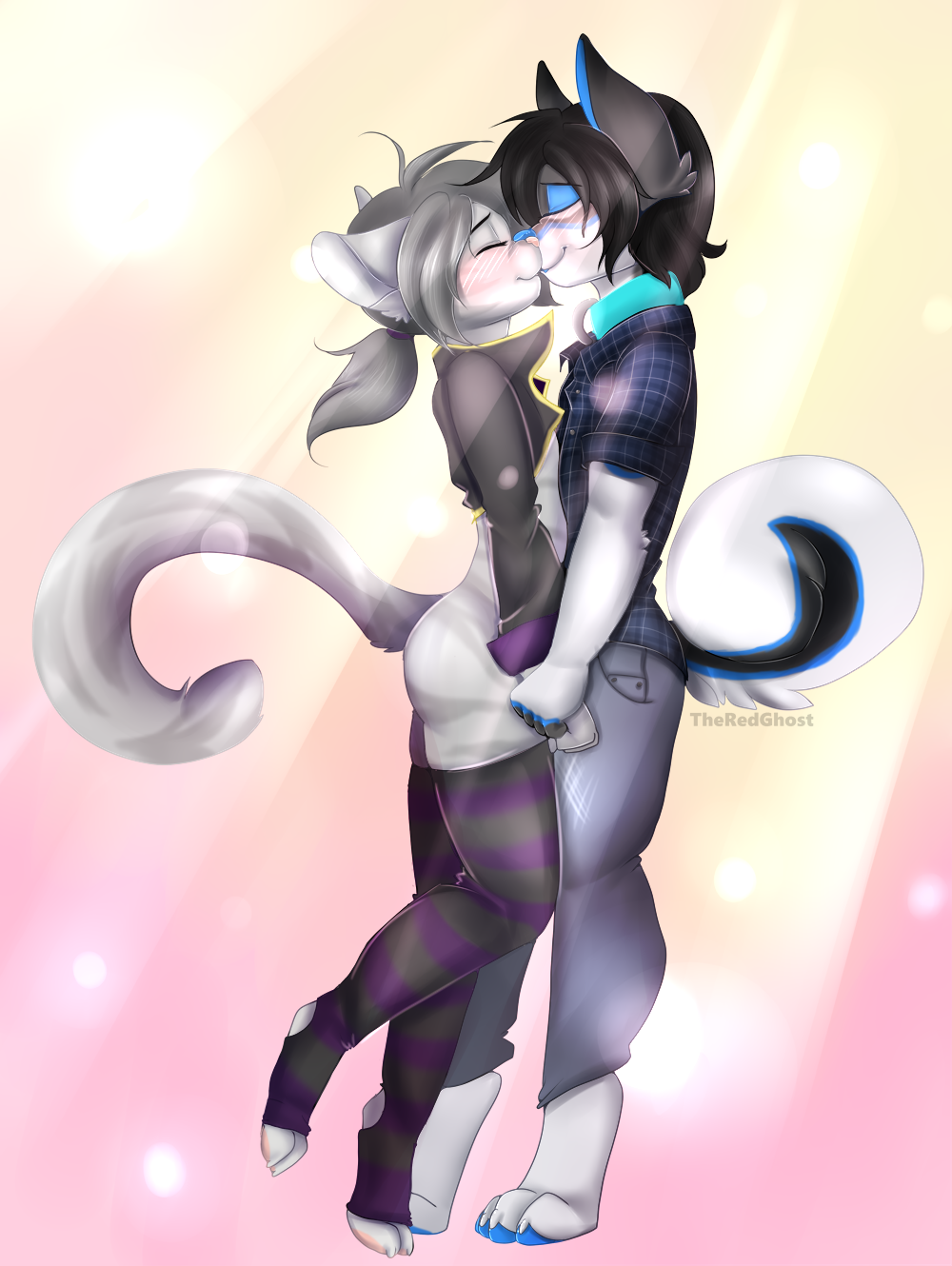 anthro black_hair blue_fur blush butt canine cat clothed clothing digital_media_(artwork) duo eyes_closed feline fur girly hair kissing leggings legwear male male/male mammal simple_background smile steele stripes theredghost troy_lesage