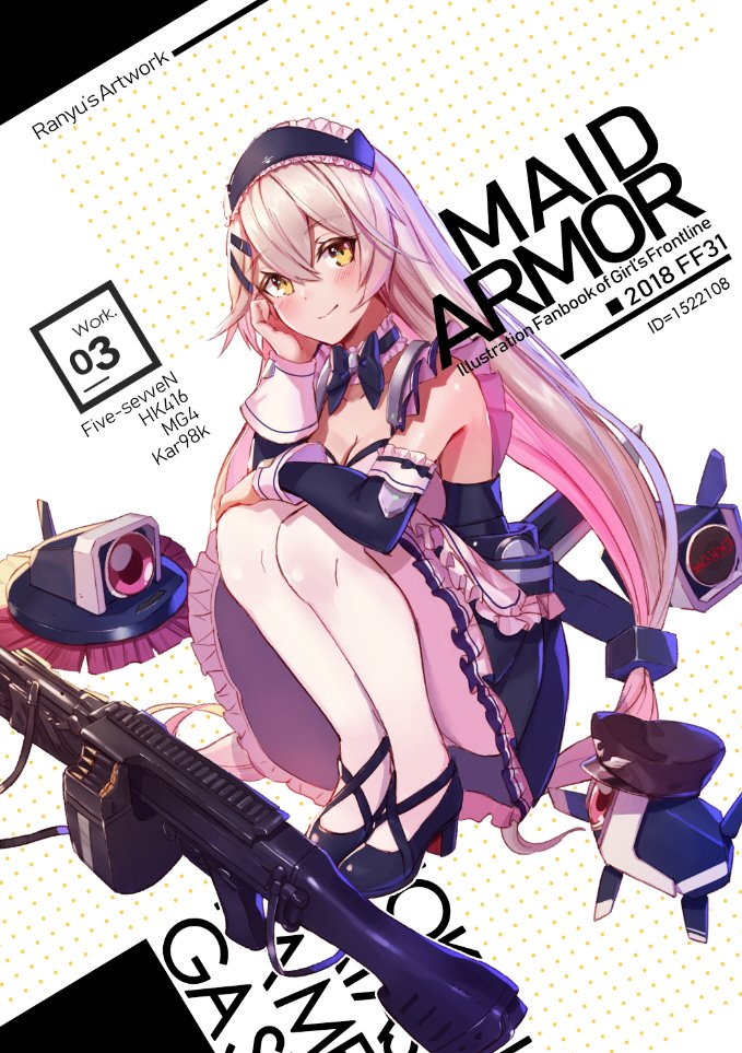 alternate_costume apron bangs black_bow black_footwear blush bow bow_choker breasts bullet character_name choker cleavage collarbone commentary_request corset detached_sleeves dinergate_(girls_frontline) enmaided frilled_choker frilled_skirt frills full_body girls_frontline gun h&amp;k_mg4 hair_between_eyes hair_ornament hairclip hat head_in_hand head_tilt heckler_&amp;_koch long_hair looking_at_viewer low_twintails magazine_(weapon) maid maid_apron maid_headdress medium_breasts mg4_(girls_frontline) pantyhose peaked_cap ranyu shoes sidelocks silver_hair skirt smile solo squatting twintails very_long_hair weapon white_legwear yellow_eyes