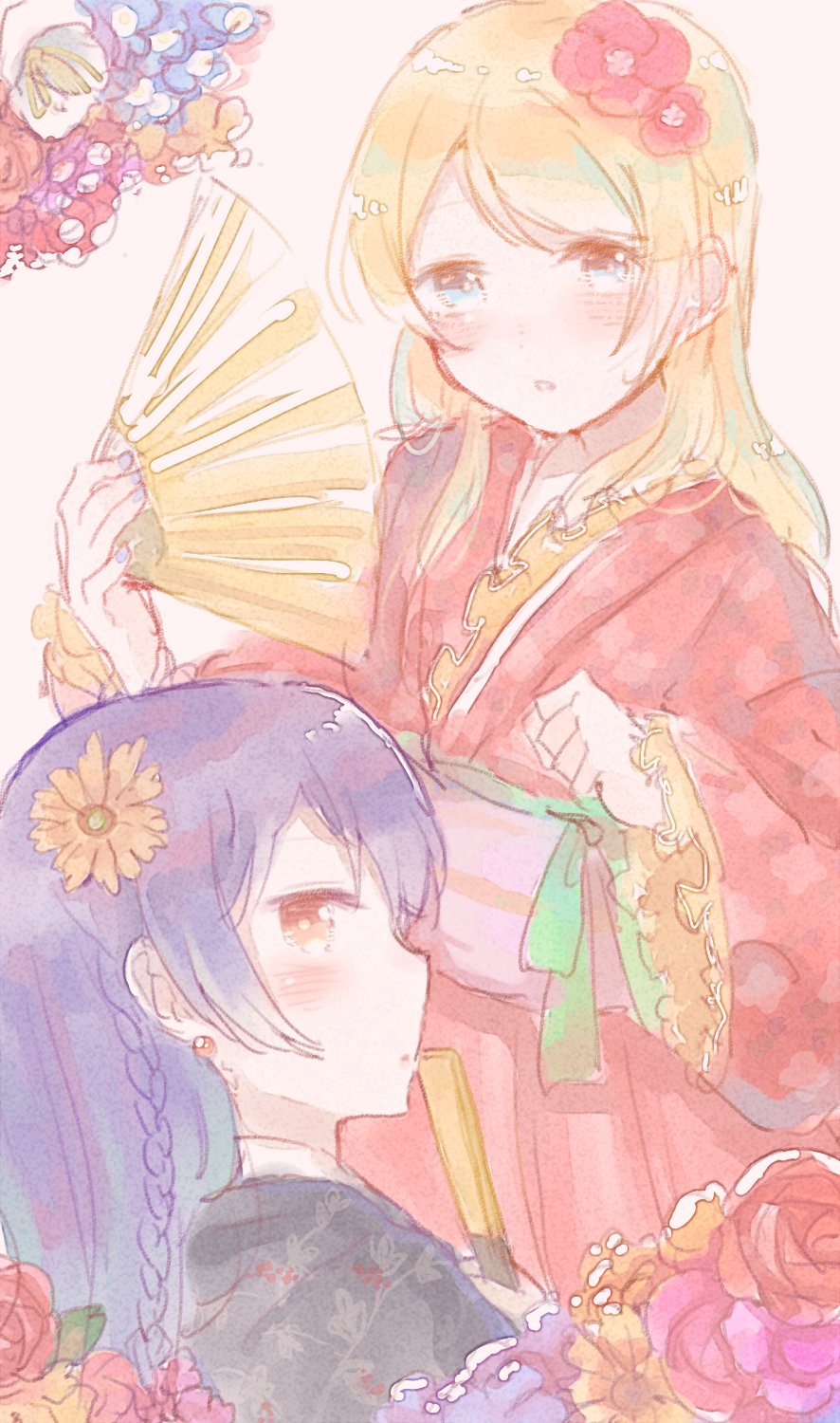 ayase_eli bangs blonde_hair blue_eyes blue_hair blush braid commentary_request fan flower folding_fan hair_between_eyes hair_flower hair_ornament highres japanese_clothes kimono long_hair looking_at_viewer love_live! love_live!_school_idol_project multiple_girls shijimi_kozou sonoda_umi wide_sleeves yellow_eyes