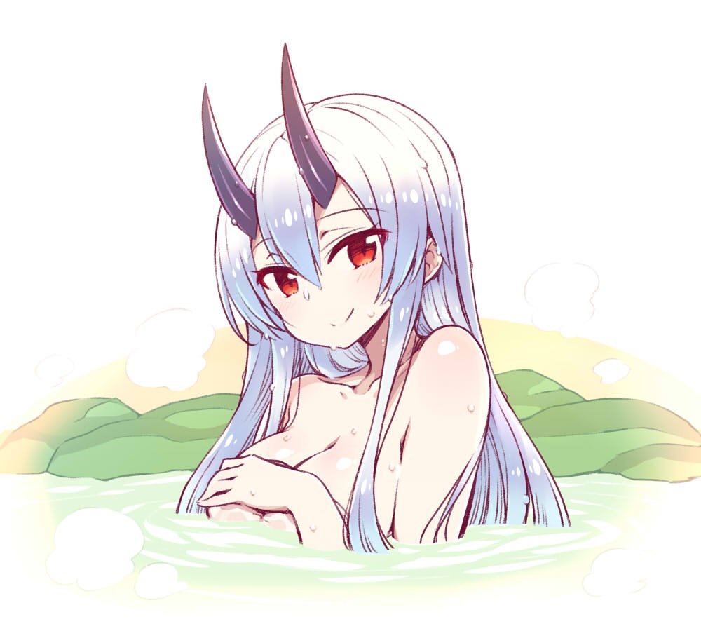 chan_co collarbone commentary_request covering covering_breasts covering_nipples fate/grand_order fate_(series) horns long_hair oni onsen red_eyes silver_hair smile solo tomoe_gozen_(fate/grand_order) topless upper_body water