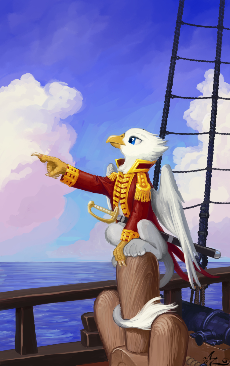 amarynceus avian blue_eyes cannon cloud feathers feral friendship_is_magic fur gryphon hindpaw melee_weapon military_dress my_little_pony paws perched ranged_weapon sailing_ship sea sitting solo sword talons water weapon white_feathers white_fur