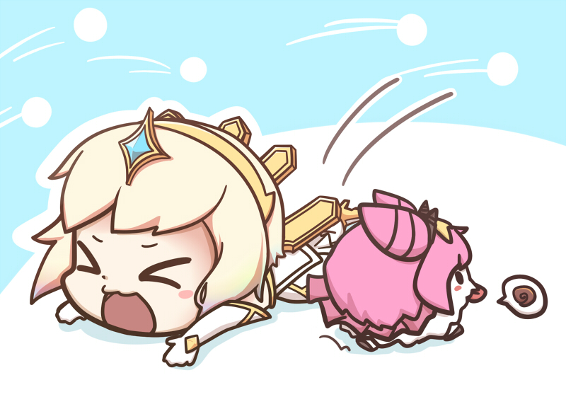 &gt;_&lt; &gt;o&lt; blush_stickers chibi closed_eyes creature dress elbow_gloves elementalist_lux fallen_down gem gloves headpiece high_heels horns league_of_legends light_elementalist_lux luxanna_crownguard lying motion_lines on_stomach open_mouth platinum_blonde_hair poro_(league_of_legends) q483 short_hair speech_bubble tiara white_dress white_gloves