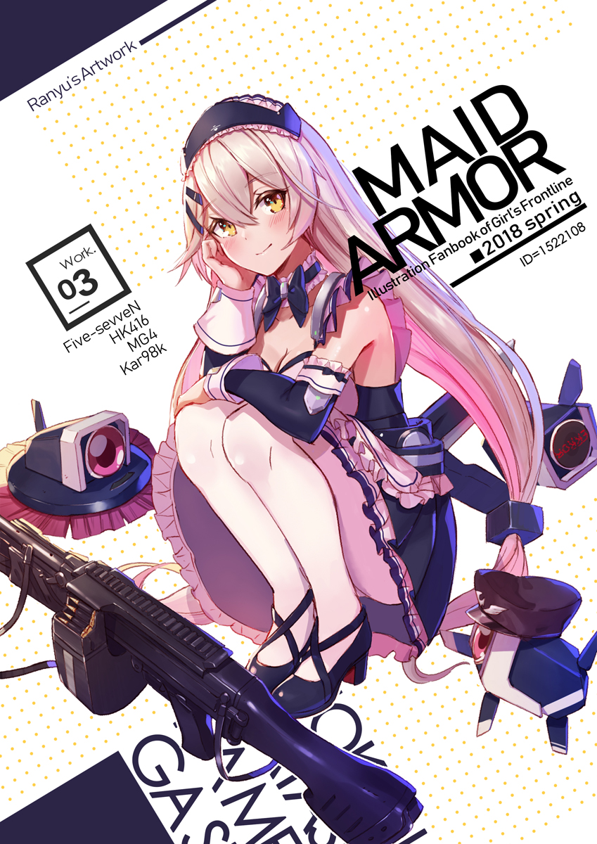 alternate_costume apron bangs black_bow black_footwear blush bow bow_choker breasts bullet character_name choker cleavage collarbone commentary_request corset cover cover_page detached_sleeves dinergate_(girls_frontline) enmaided frilled_choker frilled_skirt frills full_body girls_frontline gun h&amp;k_mg4 hair_between_eyes hair_ornament hairclip hat head_in_hand head_tilt heckler_&amp;_koch highres long_hair looking_at_viewer low_twintails magazine_(weapon) maid maid_apron maid_headdress medium_breasts mg4_(girls_frontline) pantyhose peaked_cap ranyu shoes sidelocks silver_hair skirt smile solo squatting twintails very_long_hair weapon white_legwear yellow_eyes
