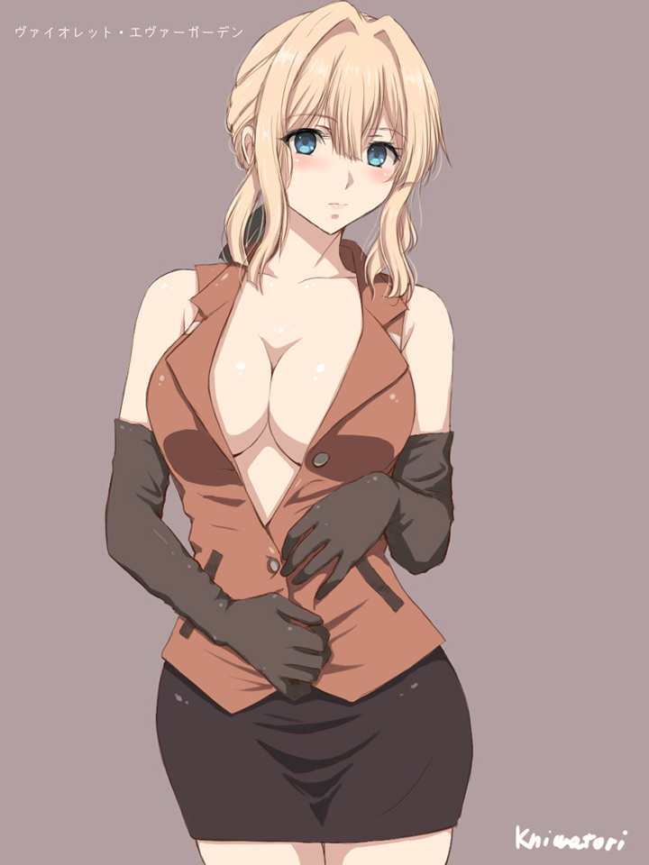 artist_name bare_shoulders black_gloves black_skirt blush breasts brown_background brown_vest character_name cleavage closed_mouth collarbone cowboy_shot elbow_gloves eyebrows_visible_through_hair gloves hair_intakes large_breasts looking_at_viewer miniskirt niwatori_kokezou no_bra partially_unbuttoned pencil_skirt purple_background shiny shiny_hair short_hair simple_background skirt sleeveless solo standing tareme translated vest violet_evergarden violet_evergarden_(character)