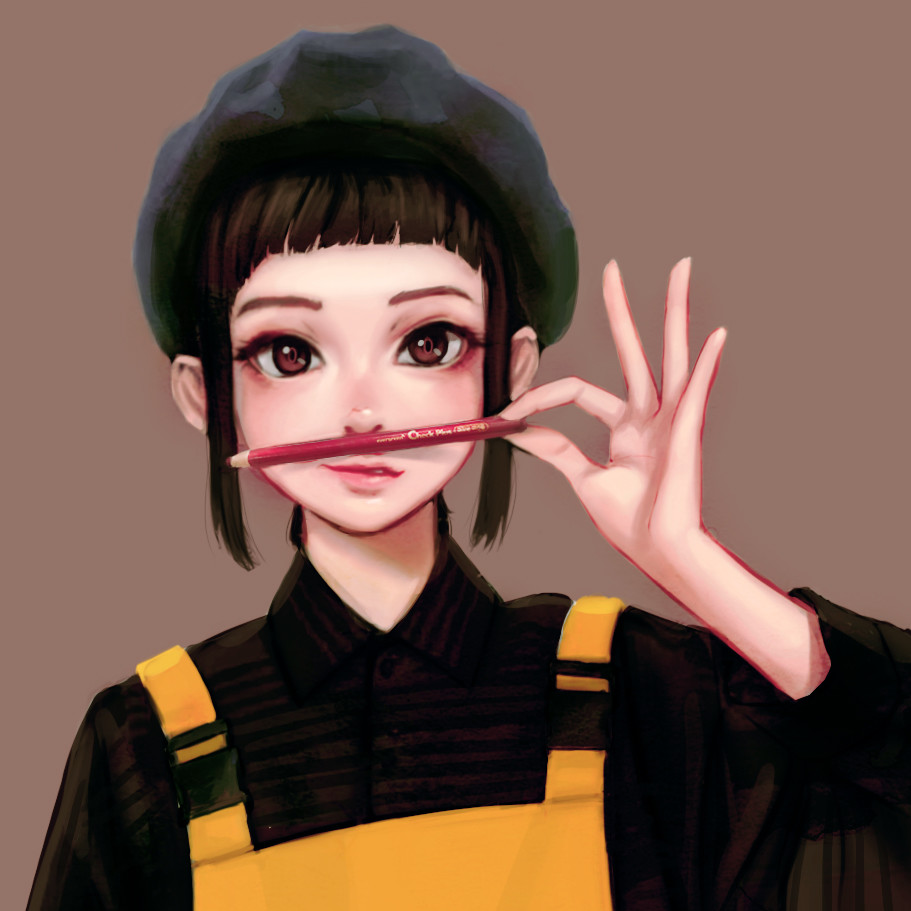 apron bangs black_hair blunt_bangs brown_background brown_eyes brown_shirt collared_shirt hand_up hat holding jungon_kim lips long_sleeves looking_at_viewer original parted_lips pencil pink_lips shirt short_hair sidelocks simple_background smelling solo upper_body wing_collar