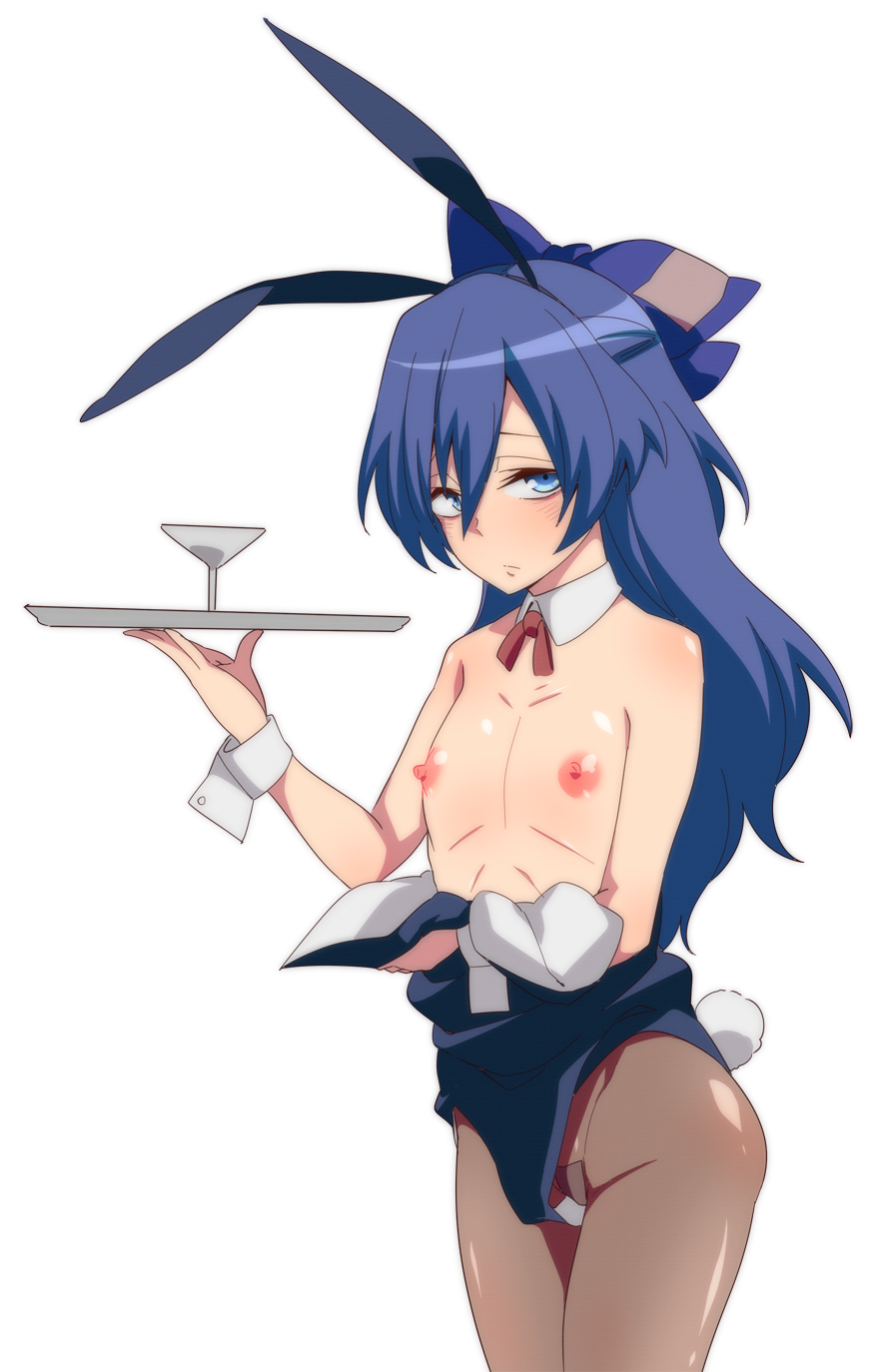 alternate_costume animal_ears bare_shoulders blue_bow blue_eyes blue_hair bow breasts brown_legwear bunny_ears bunny_tail bunnysuit cocktail_glass cup detached_collar drinking_glass fake_animal_ears hair_bow hand_up highres holding jeno long_hair looking_at_viewer maebari nipples oversized_clothes pantyhose simple_background small_breasts solo tail touhou tray white_background yorigami_shion