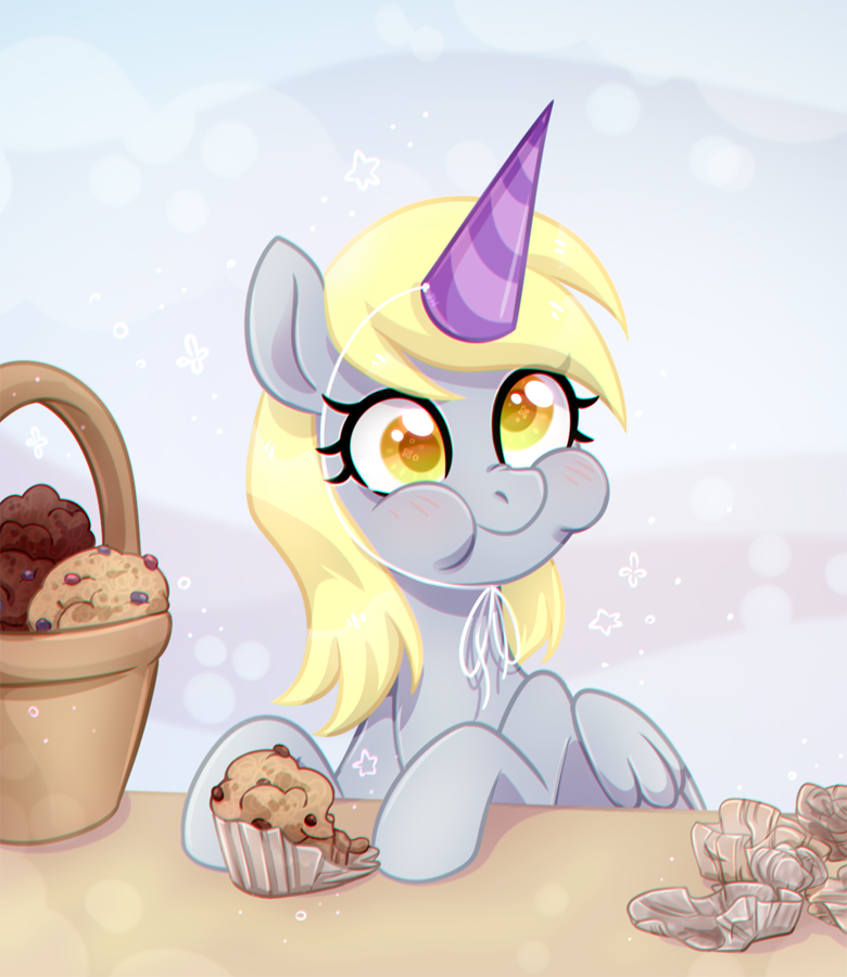 2018 basket blonde_hair blush bust_portrait cute derp_eyes derpy_hooves_(mlp) eating equine eyelashes feathered_wings feathers female food friendship_is_magic grey_background hair happy hat jumblehorse looking_at_viewer makeup mammal mascara muffin my_little_pony nude party_hat pegasus portrait puffed_cheeks shadow simple_background sitting solo star string stripes table wings wrapper yellow_eyes