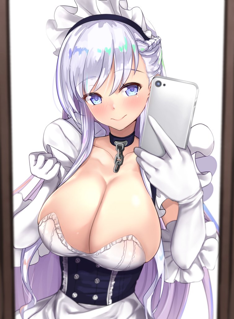azur_lane belfast_(azur_lane) blue_eyes blush braid breasts buttons chain choker commentary_request eyebrows eyebrows_visible_through_hair frame frilled_gloves frills gloves gloves_removed gradient_hair large_breasts long_hair maid maid_headdress multicolored_hair self_shot smile solo untsue white_gloves white_hair