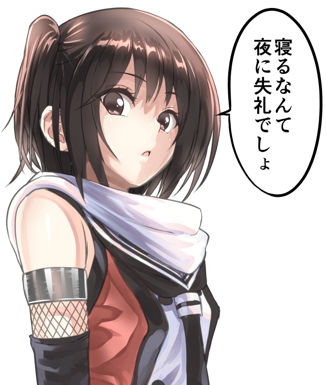 bangs bare_shoulders black_gloves black_neckwear brown_eyes brown_hair commentary disconnected_mouth ears elbow_gloves eyebrows_visible_through_hair fishnets from_side gloves kantai_collection looking_at_viewer looking_to_the_side neckerchief night_battle_idiot parted_lips remodel_(kantai_collection) sailor_collar scarf school_uniform sendai_(kantai_collection) serafuku shiny shiny_hair shirt short_hair simple_background sleeveless sleeveless_shirt solo speech_bubble tooi_aoiro translated two_side_up upper_body white_background white_sailor_collar white_scarf