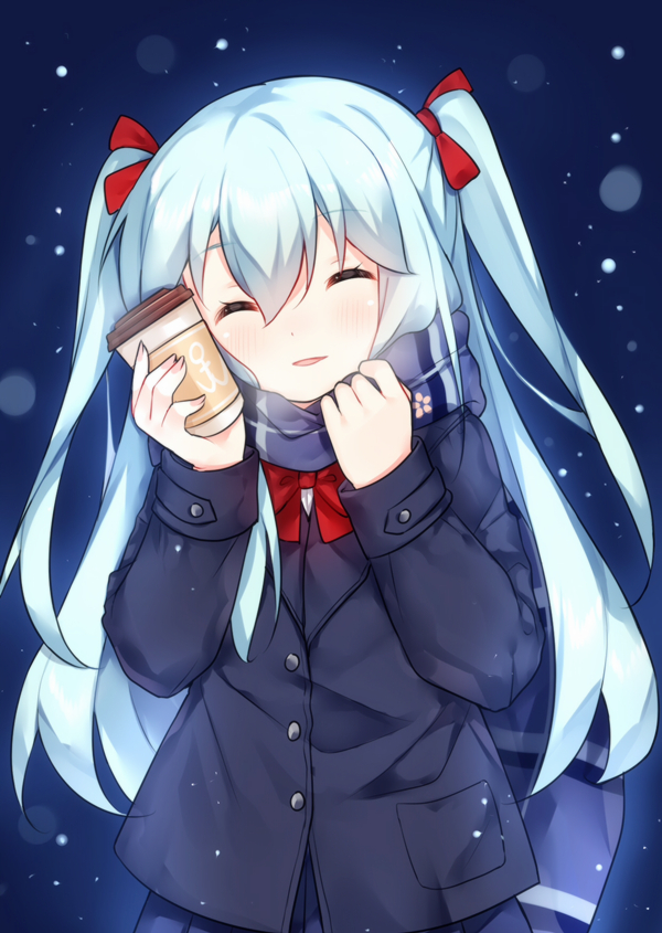 ^_^ bangs black_coat blonde_hair blue_hair blue_scarf blue_skirt bow bowtie breath closed_eyes coffee_cup cup disposable_cup enpera eyebrows_visible_through_hair facing_viewer fingernails fubuki_(zhan_jian_shao_nyu) hair_between_eyes hair_ribbon head_tilt holding holding_cup long_hair long_sleeves nail_polish parted_lips pink_nails plaid plaid_scarf pleated_skirt red_neckwear red_ribbon ribbon scarf skirt smile solo tengxiang_lingnai two_side_up zhan_jian_shao_nyu