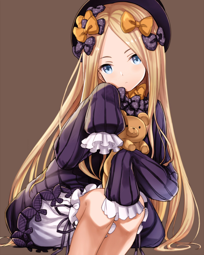 abigail_williams_(fate/grand_order) bangs black_bow black_dress black_hat blonde_hair bloomers blue_eyes bow brown_background bug butterfly closed_mouth commentary_request dress fate/grand_order fate_(series) forehead hair_bow hat head_tilt insect long_hair long_sleeves looking_at_viewer nekogohan object_hug orange_bow parted_bangs polka_dot polka_dot_bow simple_background sitting sleeves_past_fingers sleeves_past_wrists solo stuffed_animal stuffed_toy teddy_bear underwear very_long_hair white_bloomers