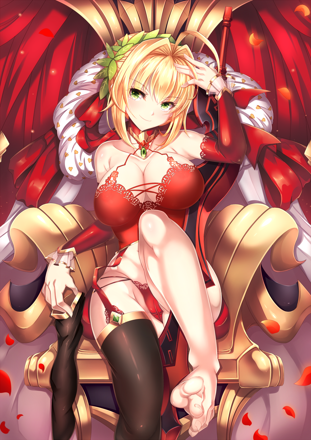 1girl aata1007 ahoge bangs barefoot blonde_hair blush braid breasts cameltoe chair cleavage closed_mouth commentary_request dress eyebrows_visible_through_hair fate/extra fate_(series) feet french_braid green_eyes hair_between_eyes hair_ornament highres jewelry large_breasts leaf leaf_hair_ornament leaf_on_head leg_up legs looking_at_viewer nero_claudius_(fate) nero_claudius_(fate)_(all) red_dress removing_legwear sitting smile solo sword thighhighs underwear weapon