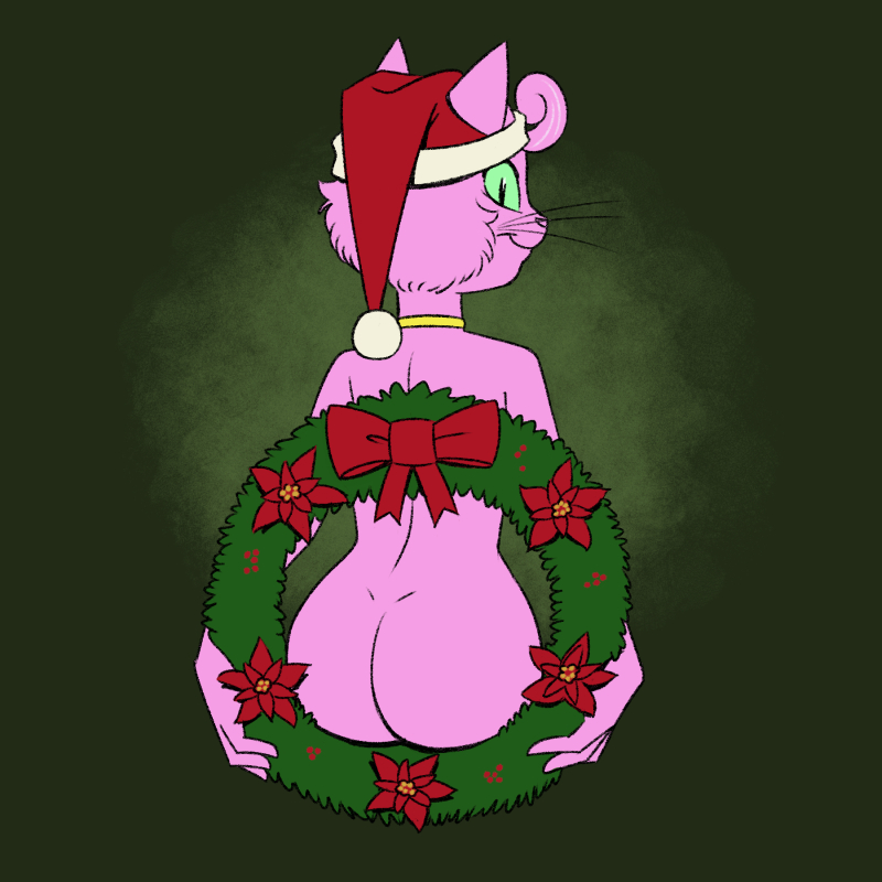 anthro bojack_horseman butt butt_focus carelessdoodler cat christmas feline female fur green_background green_eyes happy hat holidays humanoid_hands jewelry looking_back mammal mostly_nude necklace pink_fur princess_carolyn rear_view santa_hat simple_background sitting smile solo whiskers wreath