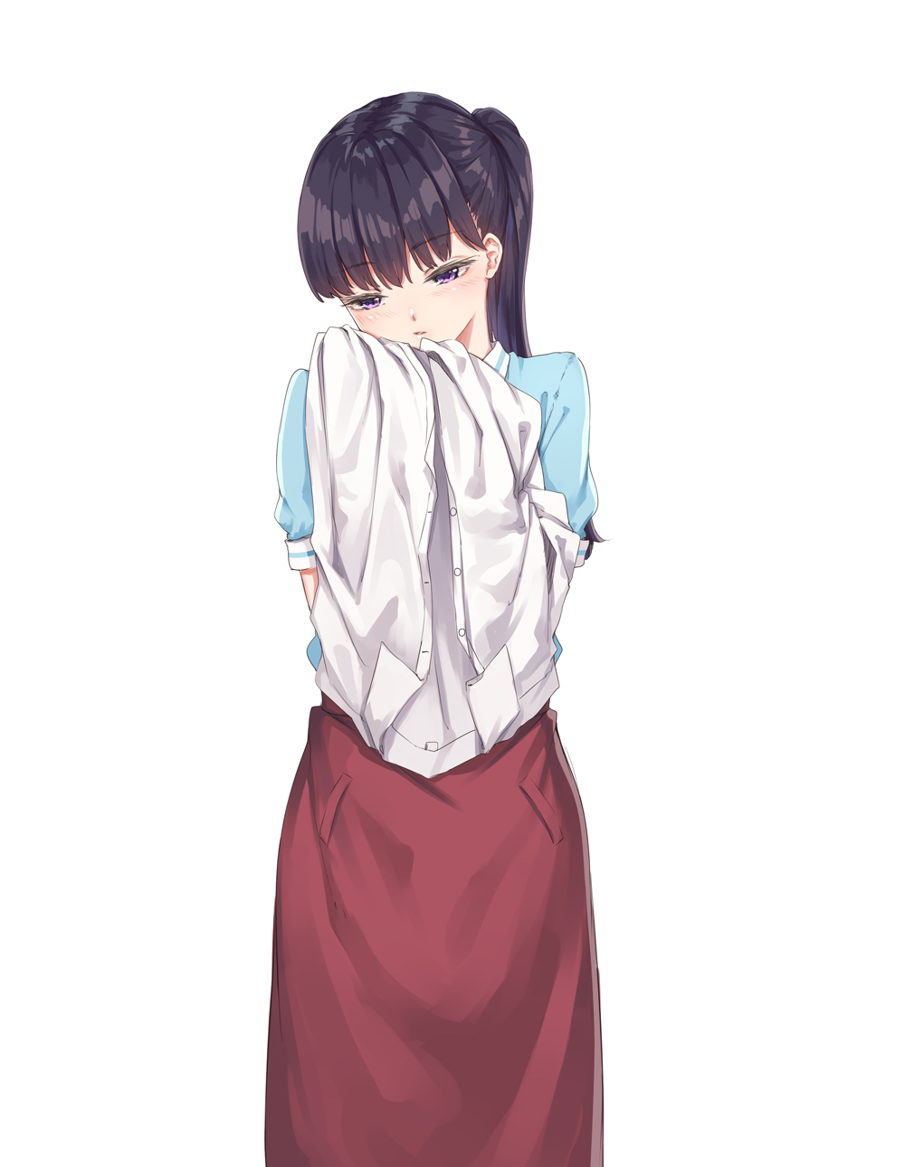 apron black_hair blouse blue_blouse bow bowtie cafe_maid closed_mouth cowboy_shot fangxiang_cuoluan highres holding koi_wa_ameagari_no_you_ni long_hair ponytail purple_eyes shirt simple_background solo tachibana_akira white_shirt