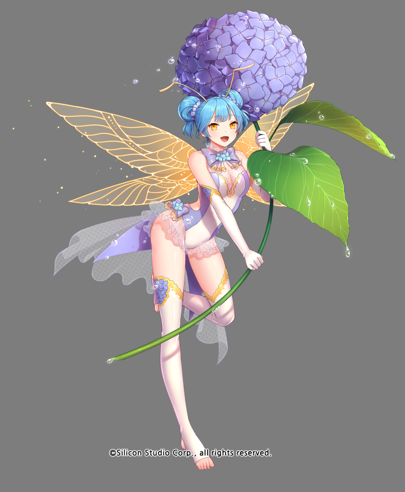 antennae bare_shoulders barefoot blue_hair bodysuit bow bowtie breasts cleavage company_name double_bun fairy fairy_wings fantasy flower full_body gloves grey_background gyakushuu_no_fantasica leaf millgua official_art open_mouth simple_background solo thighhighs toeless_legwear wings yellow_eyes