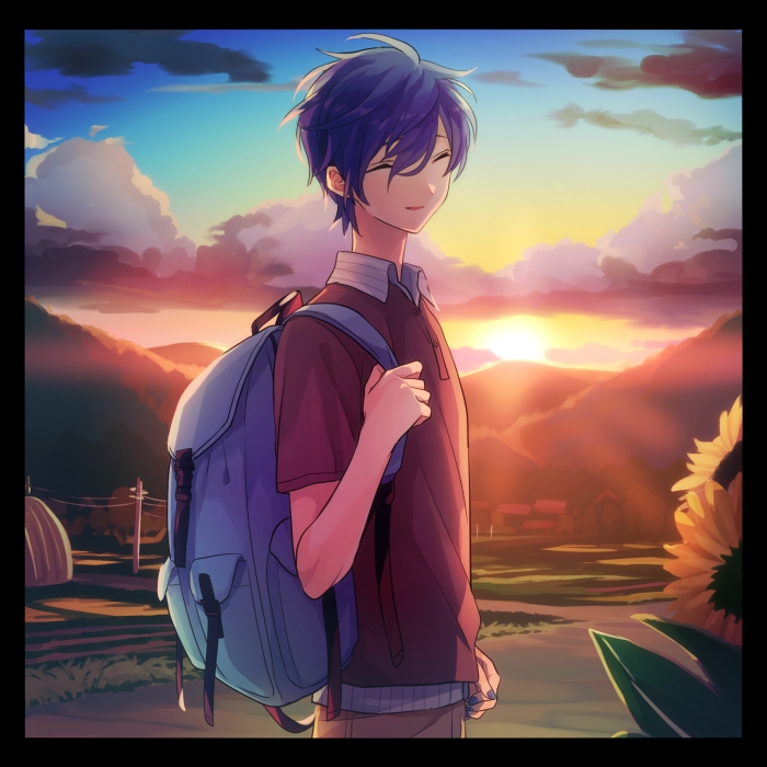 akiyoshi_(tama-pete) backpack bag blue_hair brown_shirt clenched_hand closed_eyes cloud cloudy_sky cowboy_shot day fingernails flower frame grass kaito lamppost male_focus mountain outdoors pants rural shirt sky smile solo sun sunflower sunlight twilight vocaloid white_shirt