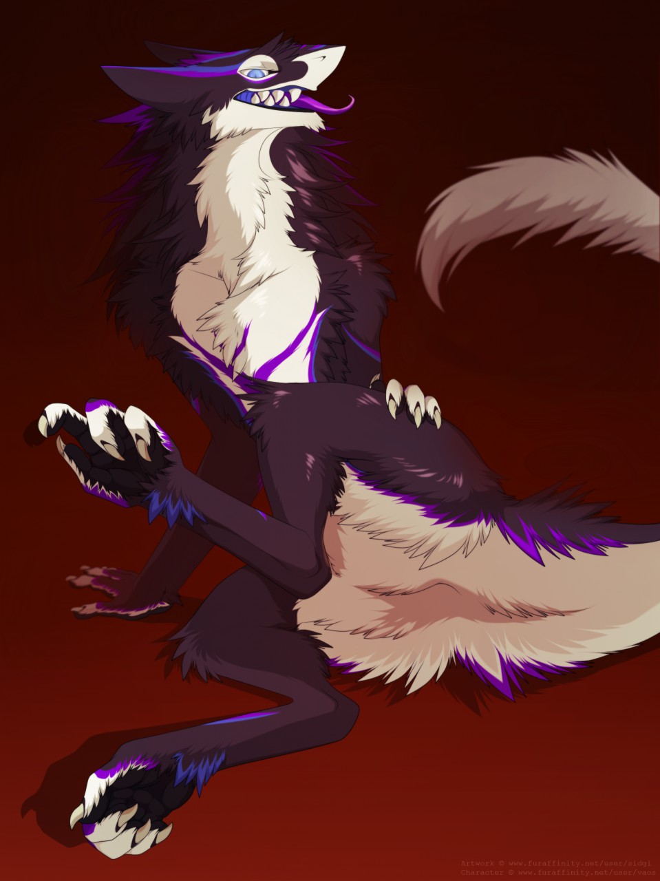 2016 4_fingers 4_toes ambiguous_gender anthro black_fur blue_eyes digitigrade featureless_crotch fur girly glowing glowing_eyes hand_on_thigh looking_down lying multicolored_fur on_side presenting purple_fur purple_tongue pussy_juice red_background sergal sharp_teeth sidgi simple_background solo teeth toes vaos white_fur