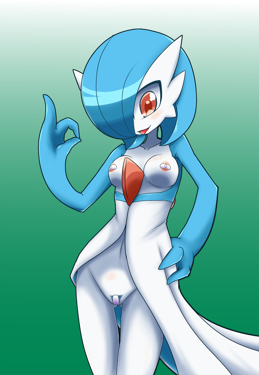 1girl alternate_color areolae blue_hair blush breasts cameltoe collarbone female gardevoir gradient gradient_background green_background hair_over_one_eye hand_on_hip hand_up highres looking_down maebari medium_breasts navel neichii no_humans open_mouth pasties pokemon pokemon_(creature) pokemon_rse pubic_hair red_eyes shiny_pokemon short_hair simple_background smile solo standing tongue tongue_out