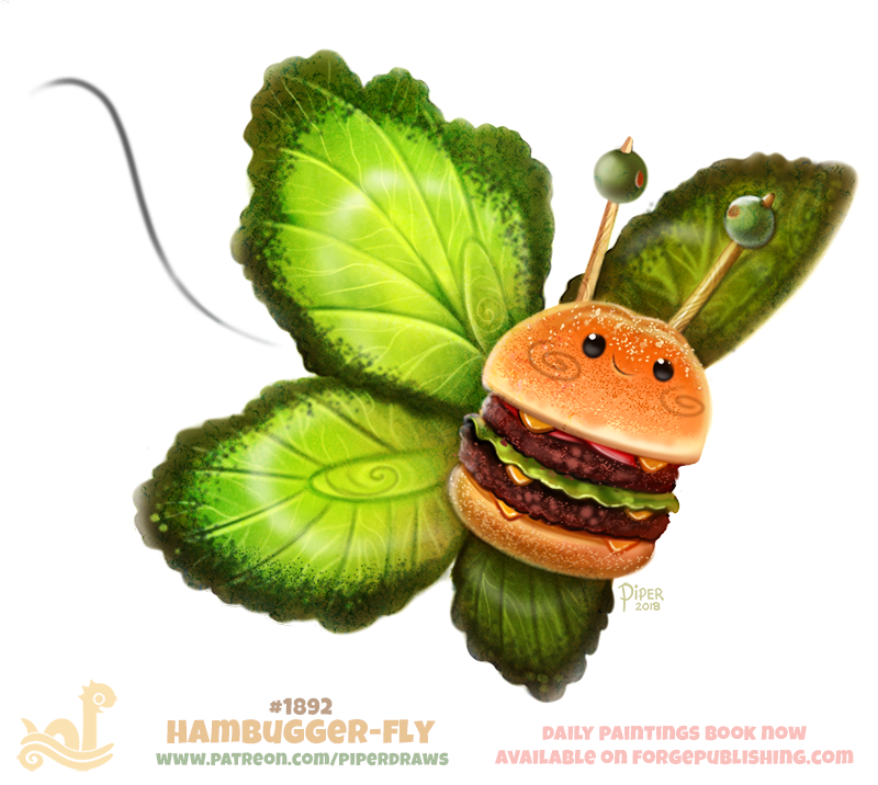 artist_name black_eyes bug butterfly closed_mouth english flying food hamburger insect no_humans olive original patreon_username piper_thibodeau salad simple_background smile solo toon toothpick watermark web_address white_background