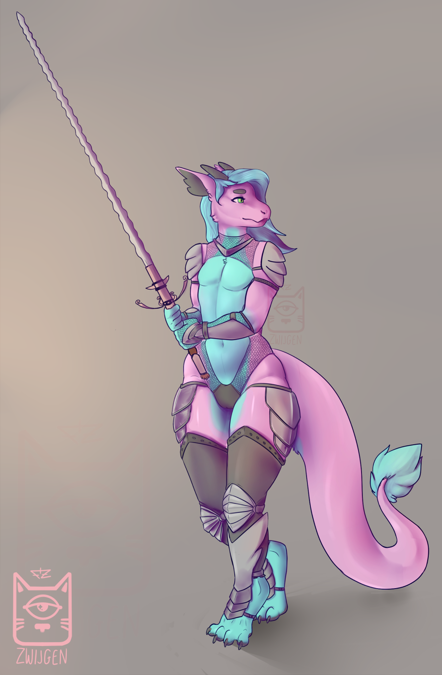 armor blue_hair blue_scales clothed clothing dragon hair horn jasmine long_hair melee_weapon pink_scales scales skimpy sword thick_thighs weapon zwijgen