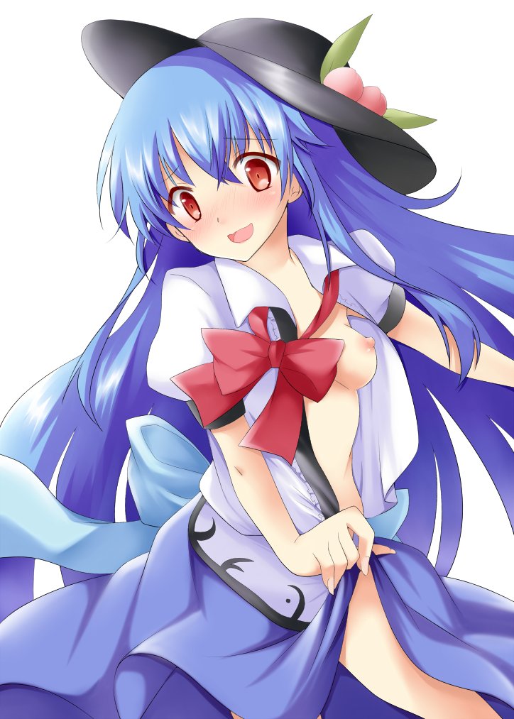 :d apron bangs black_hat blue_bow blue_hair blue_skirt blush bow bowtie breasts collared_shirt commentary_request covering covering_crotch cowboy_shot embarrassed eyebrows_visible_through_hair fingernails food fruit hair_between_eyes hat head_tilt hinanawi_tenshi hiyokodou leaf long_fingernails long_hair looking_at_viewer nipples one_breast_out open_clothes open_mouth open_shirt outstretched_arm peach puffy_short_sleeves puffy_sleeves raised_eyebrows red_bow red_eyes red_neckwear shirt short_sleeves simple_background skirt skirt_hold small_breasts smile solo touhou white_background white_shirt