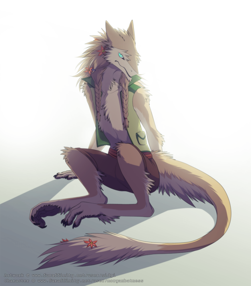 2016 4_fingers 4_toes ambiguous_gender blue_eyes braided_hair clothed clothing digitigrade flower fully_clothed fur grey_fur hair looking_at_viewer multicolored_fur plant sergal shadow shorts sidgi simple_background sitting toes two_tone_fur white_background white_fur