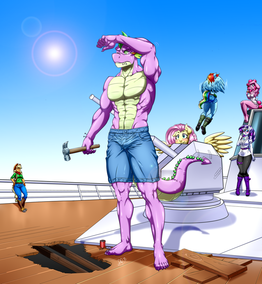 2018 aged_up anthro anthrofied applejack_(mlp) apron blonde_hair blue_eyes blue_feathers bulge clothed clothing cowboy_hat digital_media_(artwork) dragon earth_pony equine eyewear feathered_wings feathers female fluttershy_(mlp) flying friendship_is_magic green_eyes group hair hammer hat horn horse male mammal multicolored_hair multicolored_tail my_little_pony naked_apron one_eye_closed outside pegasus pia-sama pink_hair pinkie_pie_(mlp) pony purple_hair rainbow_dash_(mlp) rainbow_hair rainbow_tail rarity_(mlp) sitting sky spike_(mlp) sun sunglasses sweat teal_eyes tools topless unicorn wings yellow_feathers