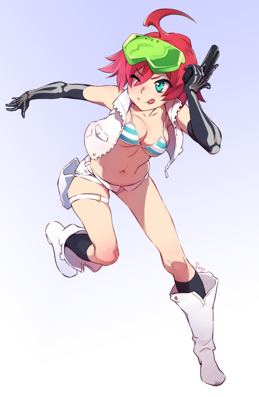 bikini bikini_top blue_eyes commentary feguimel goggles goggles_on_head highres licking_lips looking_to_the_side luluco navel open_clothes open_vest red_hair short_shorts shorts smile solo stomach striped striped_bikini swimsuit tongue tongue_out trigger-chan trigger_(company) uchuu_patrol_luluco vest