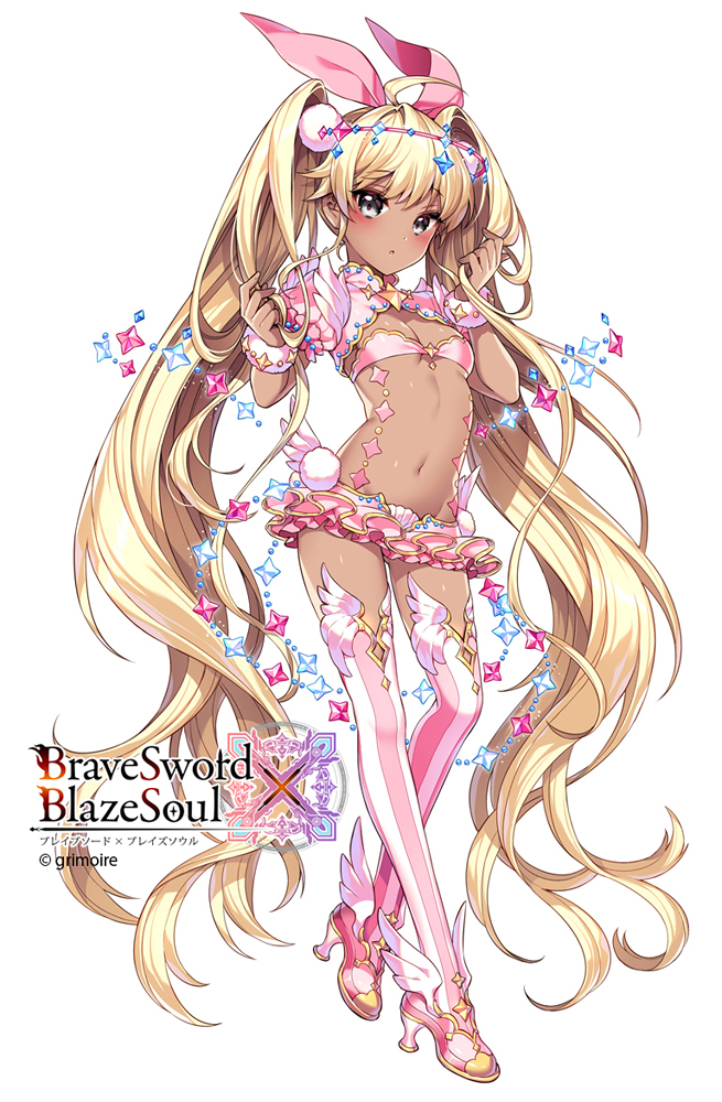 absurdly_long_hair bangs blonde_hair blush boots bow bracelet brave_sword_x_blaze_soul copyright_name dark_skin detached_sleeves eyebrows_visible_through_hair flat_chest full_body grey_eyes hair_bow hair_ornament high_heels jewelry logo long_hair looking_at_viewer microskirt midriff nardack navel official_art parted_lips pink_bow pink_footwear pink_legwear pom_pom_(clothes) puffy_short_sleeves puffy_sleeves short_sleeves shorts skirt solo standing striped thigh_boots thighhighs twintails vertical_stripes very_long_hair