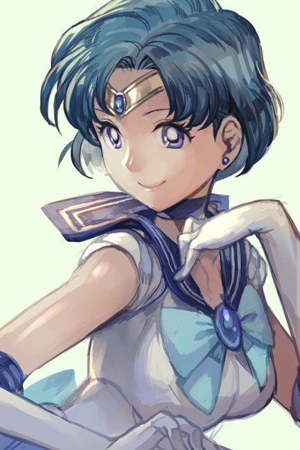 bishoujo_senshi_sailor_moon blue_background blue_hair blue_neckwear blue_sailor_collar bow bowtie bright_pupils closed_mouth elbow_gloves gem gloves hand_on_own_chest hand_up hankuri looking_at_viewer mizuno_ami puffy_short_sleeves puffy_sleeves purple_eyes sailor_collar sailor_mercury sailor_senshi_uniform shirt short_sleeves simple_background smile solo tiara upper_body white_gloves white_shirt