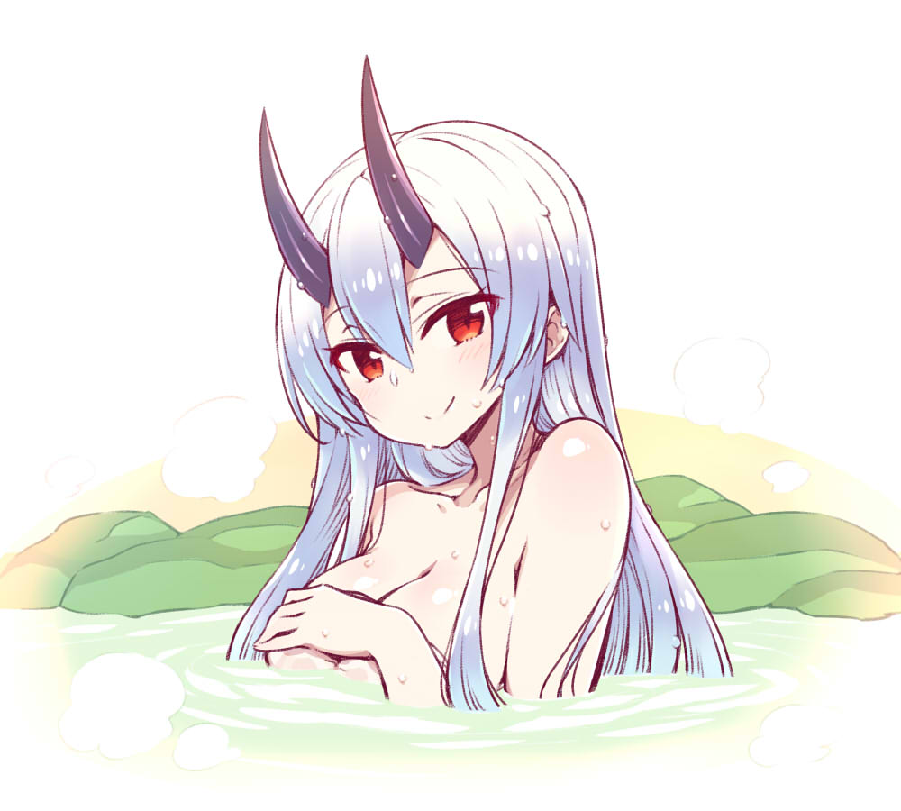 chan_co collarbone commentary_request covering covering_breasts covering_nipples eyebrows_visible_through_hair fate/grand_order fate_(series) horns long_hair oni onsen red_eyes silver_hair smile solo tomoe_gozen_(fate/grand_order) topless upper_body water