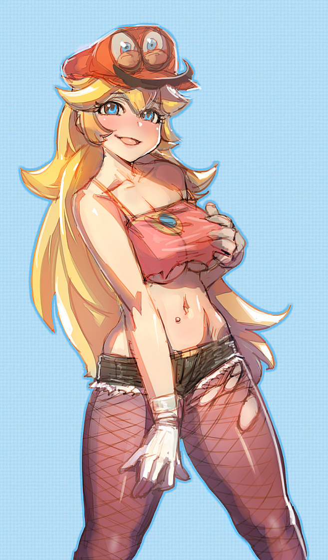 adapted_costume blonde_hair blue_background blue_eyes blush body_piercings bow_(bhp) breasts cappy_(mario) crop_top cutoffs eyebrows_visible_through_hair fishnet_pantyhose fishnets gloves large_breasts long_hair looking_at_viewer mario mario_(series) midriff navel no_bra open_mouth pantyhose possessed princess_peach revision self_fondle short_shorts shorts solo spaghetti_strap standing strap_slip super_mario_bros. super_mario_odyssey torn_clothes torn_legwear underboob very_long_hair white_gloves