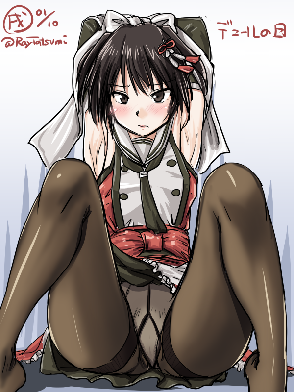 armpits arms_behind_back bdsm black_eyes black_gloves black_hair blush bondage bound bound_wrists dated elbow_gloves gloves gusset hair_ornament kantai_collection looking_at_viewer no_pants no_shoes panties panties_under_pantyhose pantyhose remodel_(kantai_collection) scarf school_uniform sendai_(kantai_collection) serafuku simple_background sitting solo tatsumi_ray twitter_username two_side_up underwear white_background white_scarf