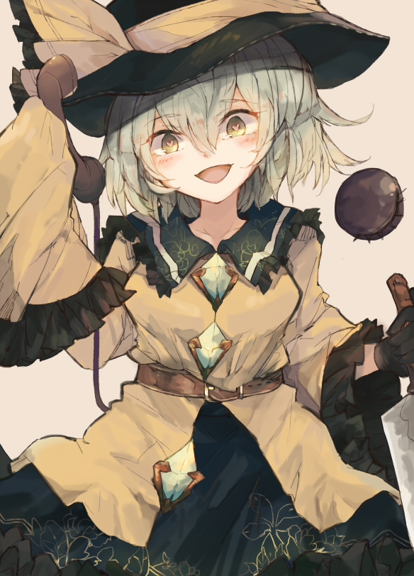 banned_artist beige_background belt black_gloves black_hat commentary_request gloves green_eyes green_hair hair_between_eyes hat hat_ribbon head_tilt holding holding_knife holding_phone knife komeiji_koishi looking_at_viewer phone ribbon shirt simple_background skirt sleeves_past_wrists smile solo touhou yellow_ribbon yellow_shirt zairen