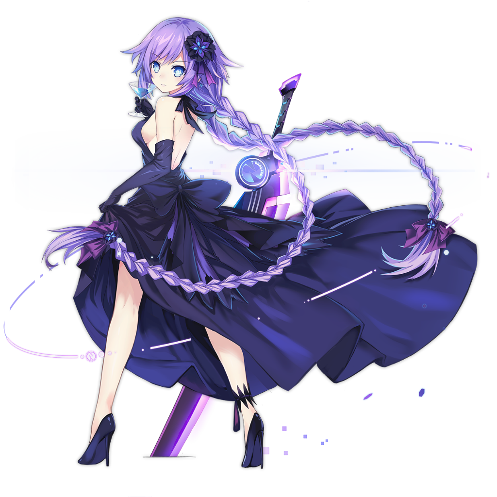 ankleband azur_lane back backless_dress backless_outfit bangs bare_back bare_shoulders black_bow black_dress black_footwear black_gloves black_ribbon blue_eyes blush bow braid breasts bright_pupils cocktail_glass cup dress drink drinking_glass elbow_gloves eyebrows eyebrows_visible_through_hair full_body gloves hair_ornament high_heels holding kneepits legs_apart lifted_by_self long_hair medium_breasts neptune_(series) official_art parted_lips planted_sword planted_weapon power_symbol purple_hair purple_heart ribbon ribbon_trim shoes sideboob skirt_hold solo standing swept_bangs sword symbol-shaped_pupils tachi-e transparent_background tsunako twin_braids weapon white_pupils