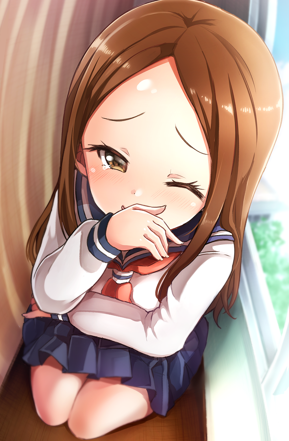 ;d bangs blurry blush brown_hair classroom commentary_request covering_mouth depth_of_field forehead foreshortening from_above highres indoors kamiya_zuzu karakai_jouzu_no_takagi-san laughing long_sleeves looking_at_viewer neckerchief one_eye_closed open_mouth parted_bangs perspective pleated_skirt red_neckwear school_uniform serafuku sitting skirt smile takagi-san tears window